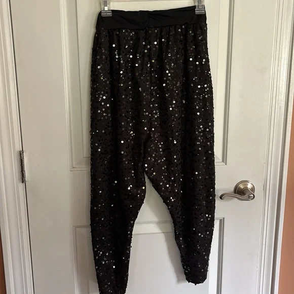 Black sequin pants slouchy Sz medium drop crotch elastic waistband - Picture 6 of 8